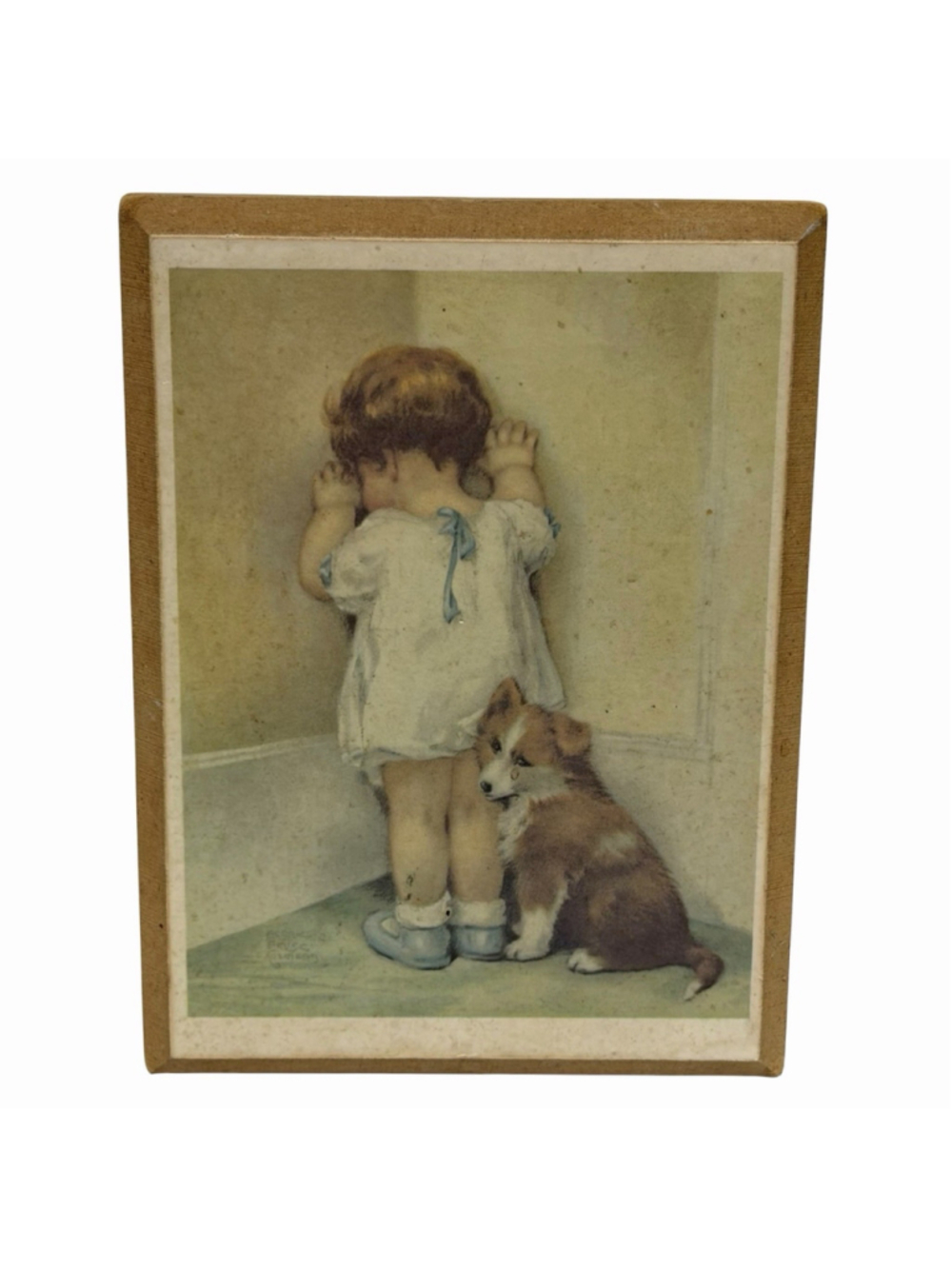 Vtg “In Disgrace” Framed Print Little Girl Dog Nursery Wall Art Cottagecore 5x7”